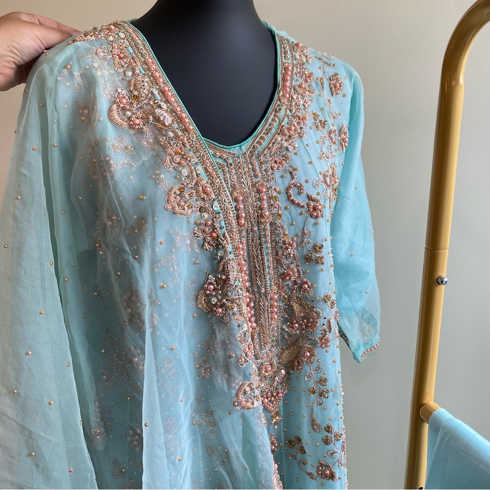 Elegant Embroidered Aqua Outfit shalwar kameez semi heavy